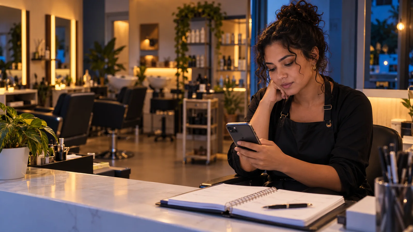 Empreendedora consultando mensagens no celular após o expediente em seu salão.