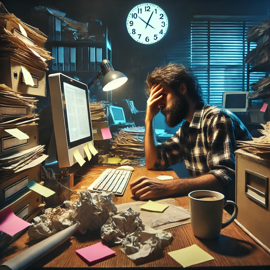 Pessoa estressada, com trabalho atrasado e muita desorganização